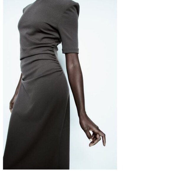 Zara Slate Brown Ruched Waist Short Sleeves Midi Dress, NWT, M - Picture 3 of 16